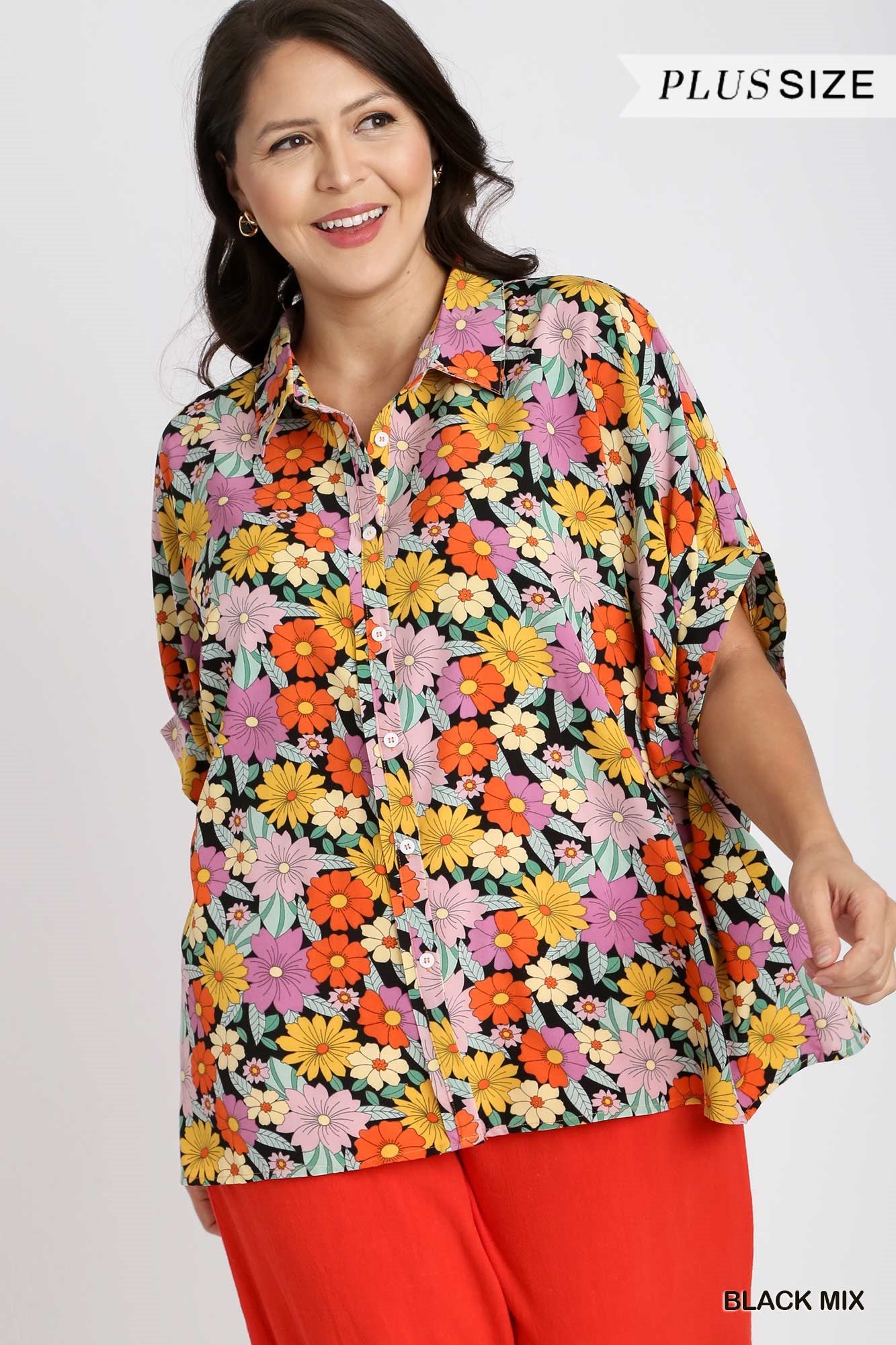 Umgee Plus Flower Print Boxy Cut Button Down Collared Top