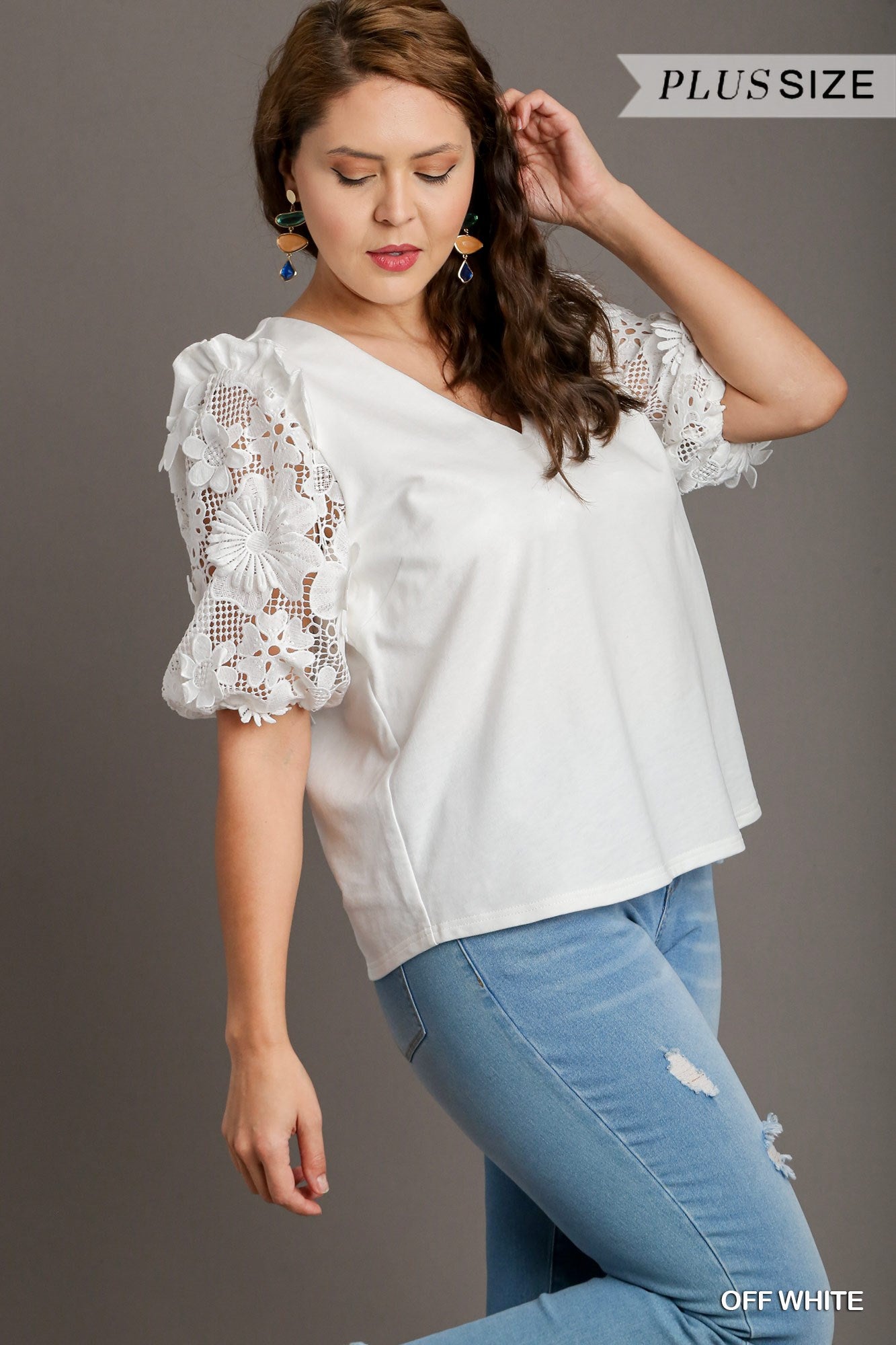 Umgee Plus French Terry Boxy Cut 3D Floral Lace Top