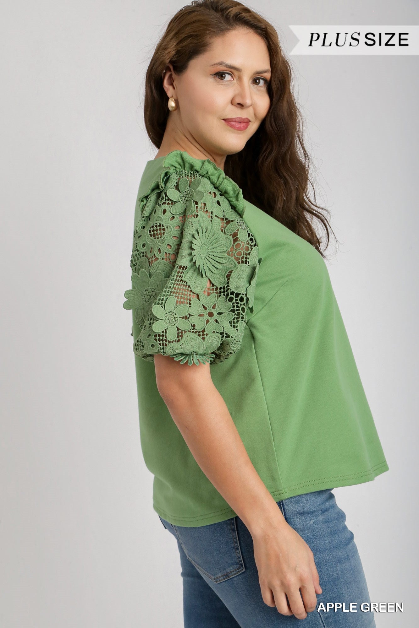 Umgee Plus French Terry Boxy Cut 3D Floral Lace Top