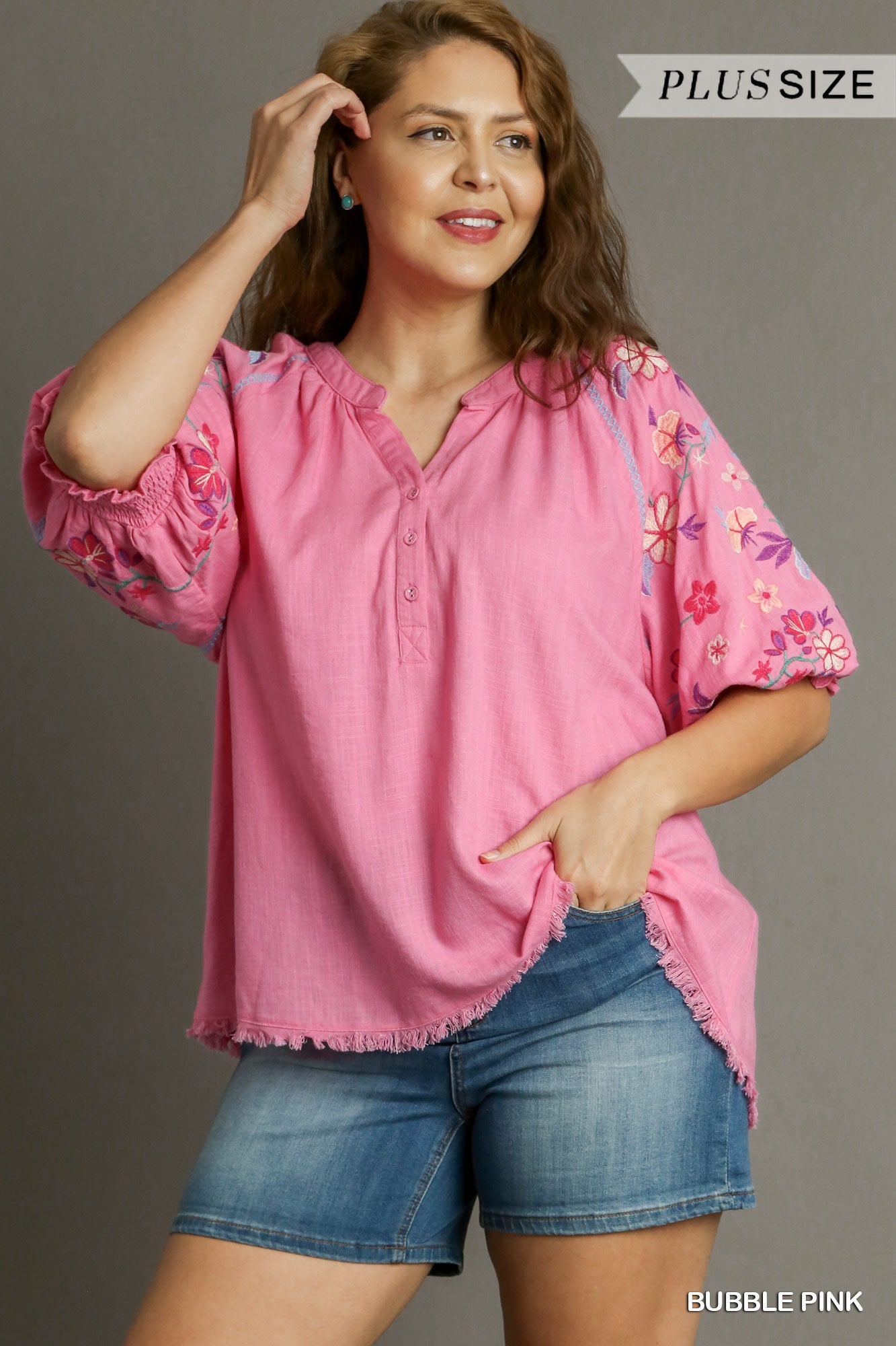 Umgee Plus Linen Embroidery Split Neck Mid Button Down Top