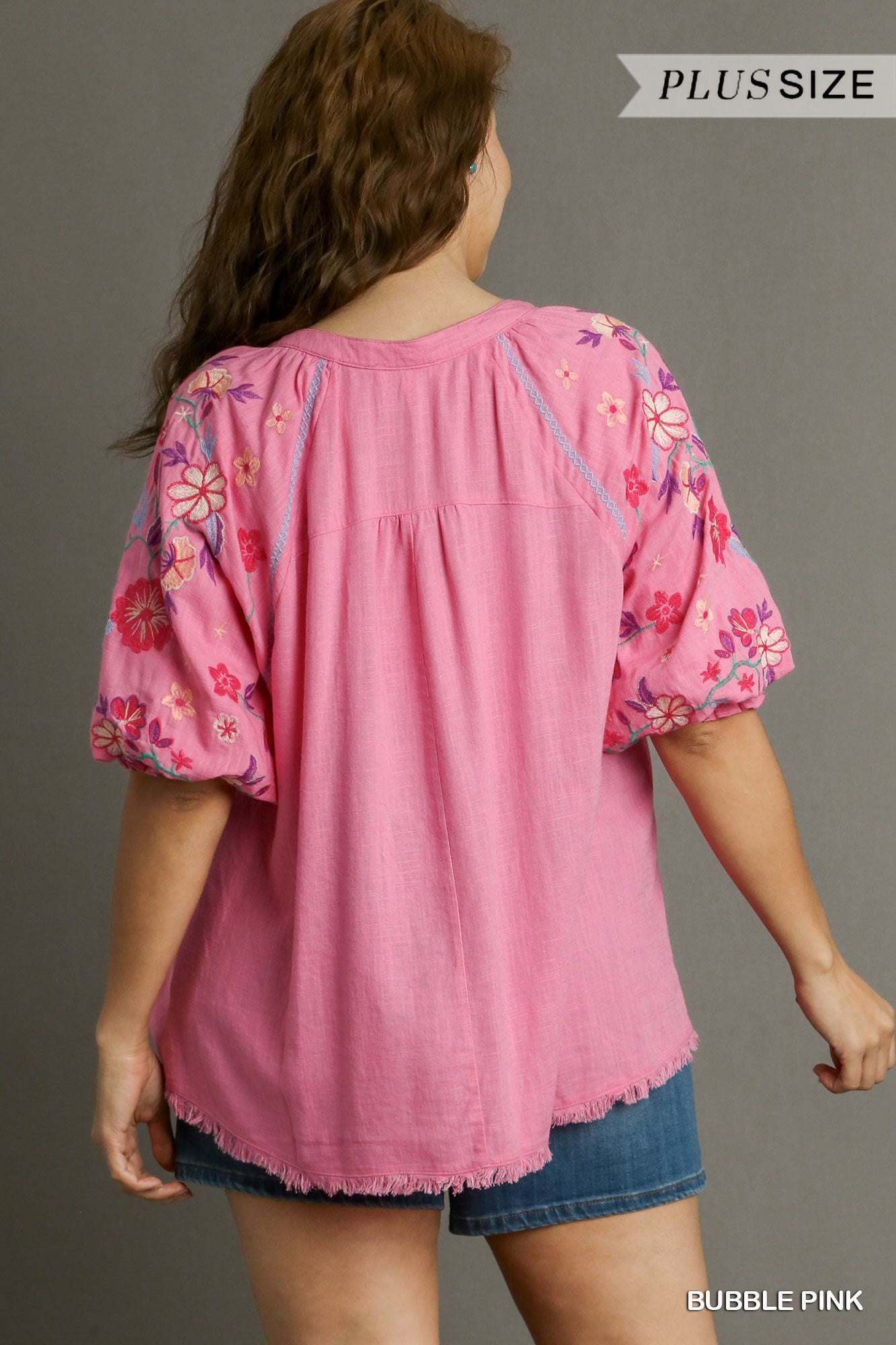 Umgee Plus Linen Embroidery Split Neck Mid Button Down Top