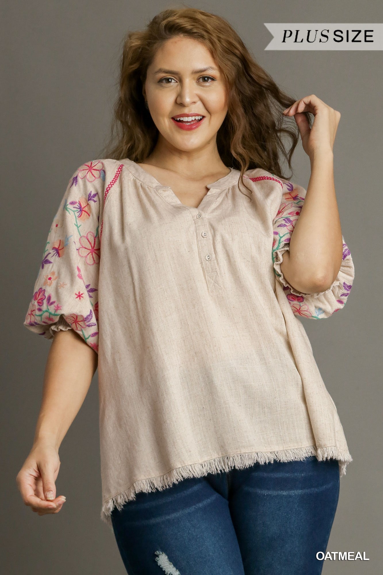 Umgee Plus Linen Embroidery Split Neck Mid Button Down Top