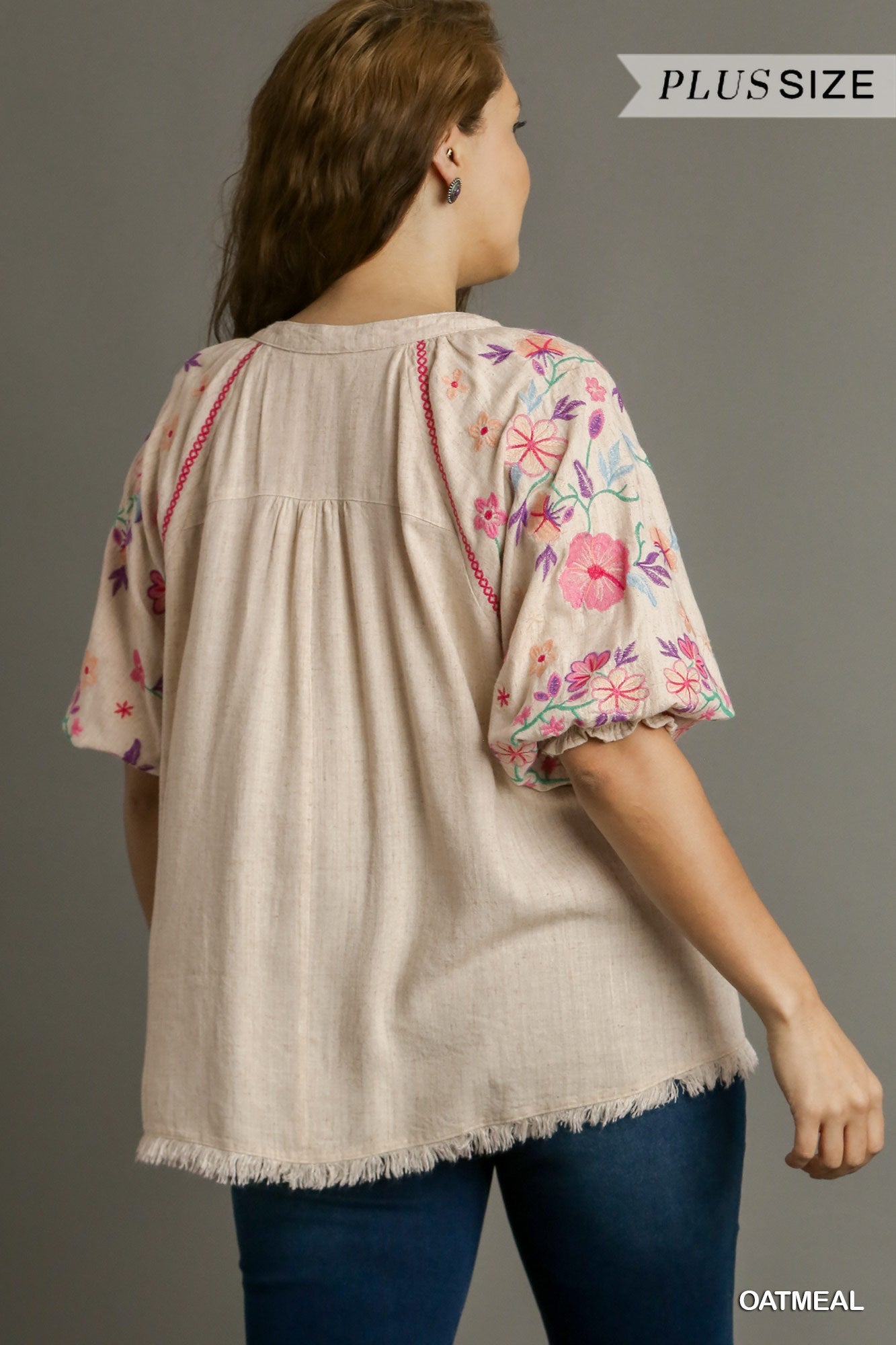 Umgee Plus Linen Embroidery Split Neck Mid Button Down Top