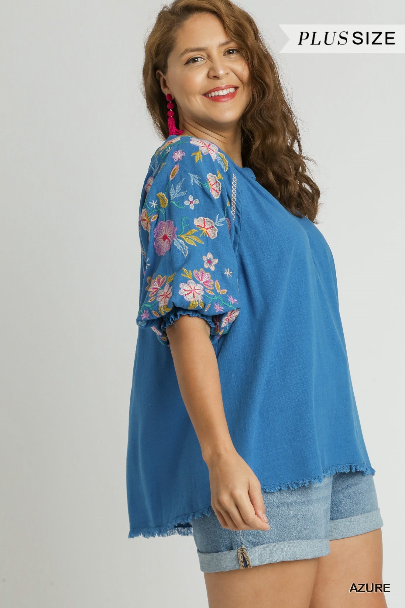 Umgee Plus Linen Embroidery Split Neck Mid Button Down Top