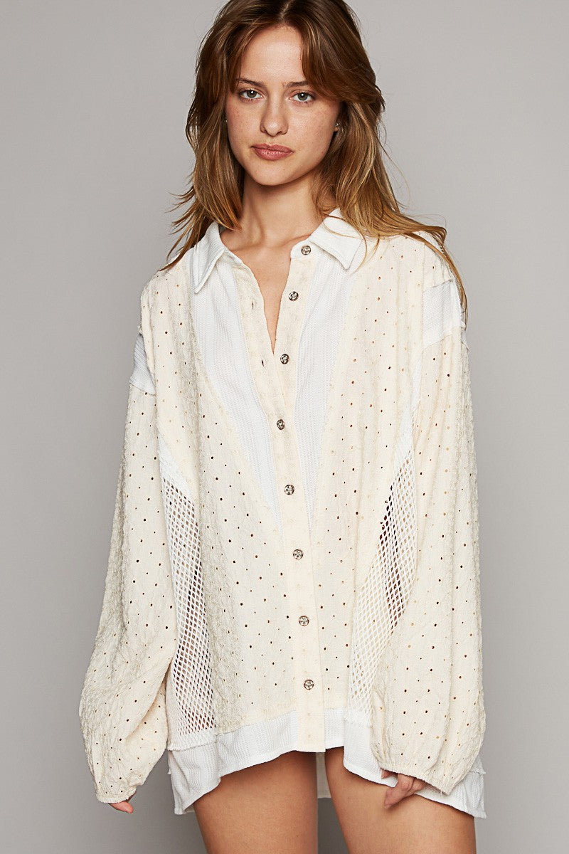 POL Oversize Long Sleeve Crochet Trim Button Down Top