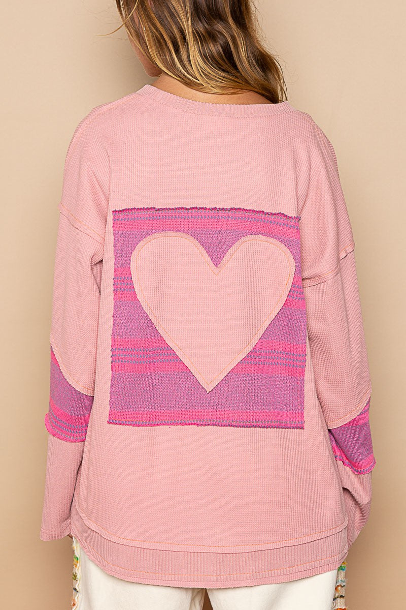 POL Front Back Heart Patch Round Neck Long Sleeve Top