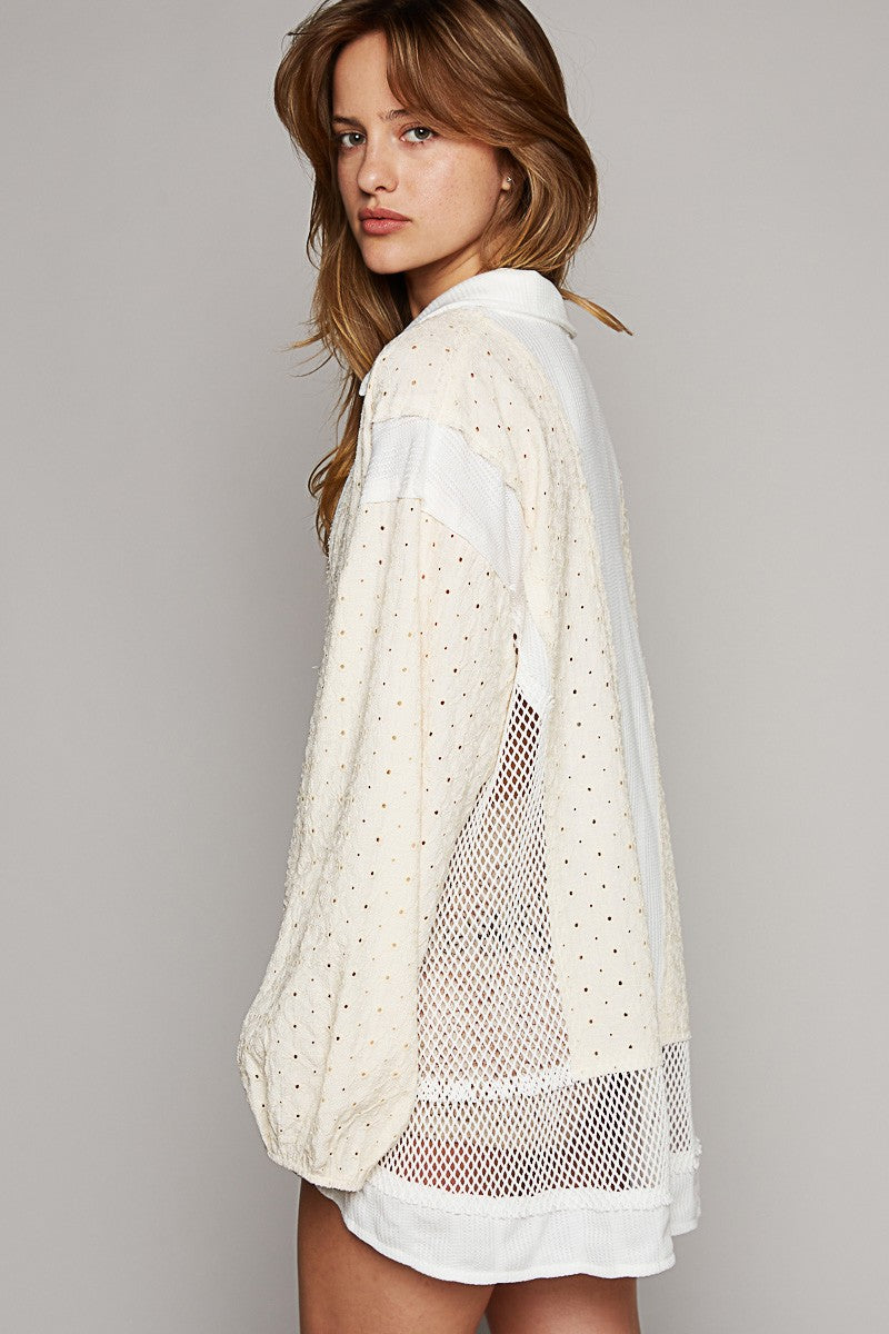 POL Oversize Long Sleeve Crochet Trim Button Down Top