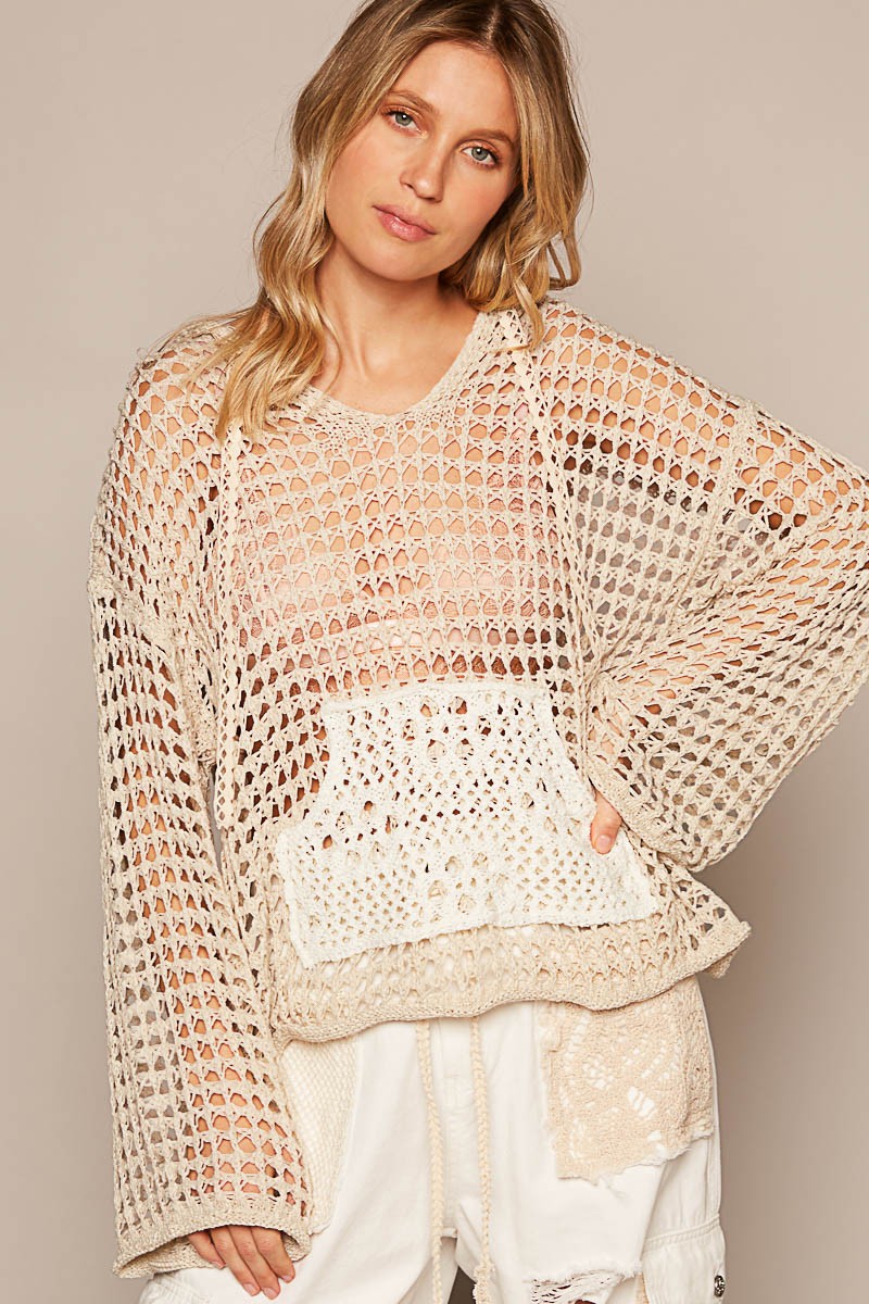 POL V Neck Long Sleeve Crochet Front Pockets Sweater Top