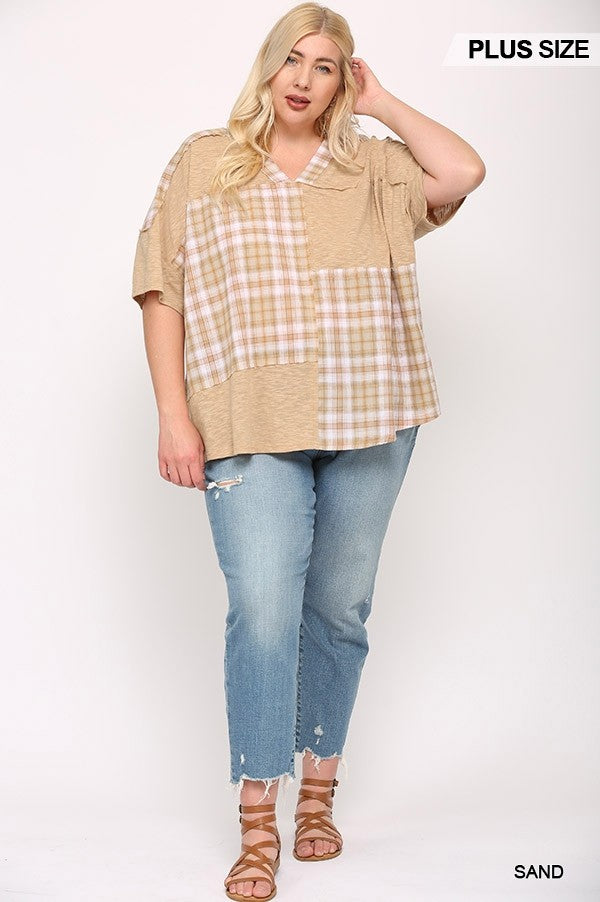 GiGio Plus Plaid Woven Color Block Mixed Raw Edge Boxy Top