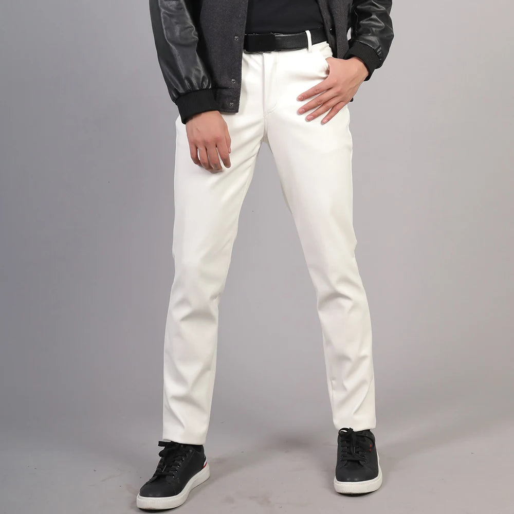 Thoshine Brand Spring Autumn Men Leather Pants Slim Fit Elastic Style Male Fashion PU Leather Trousers Punk Cosplay Dance Pants