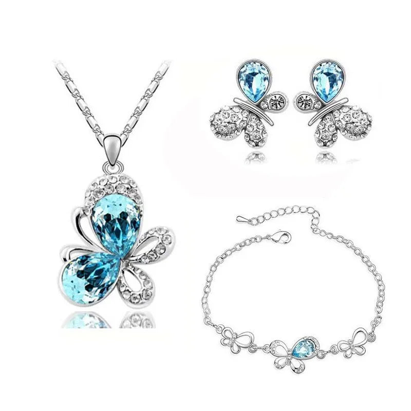 quality Crystal Butterfly Pendant fashion Jewelry set necklace earrings bracelet accessories girls romantic lover birthday gifts