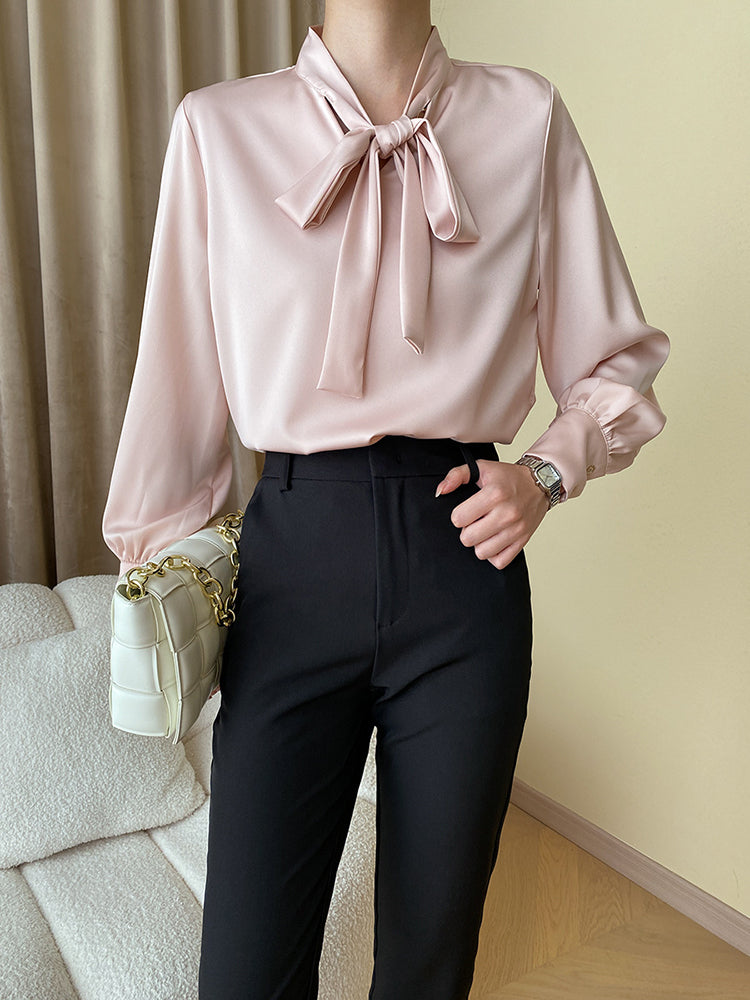 Solid Casual Blouse Minimalist Style Lace Up Stand Collar Long Sleeve