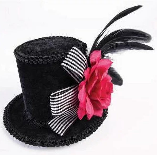 Harlequin Mini Top Hat - Mad Hatter - Feathers & Flower - Costume Accessory