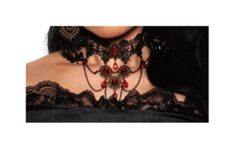 Vampire Choker - Black Lace- Red Gems - Costume Accessory - Teen Adult