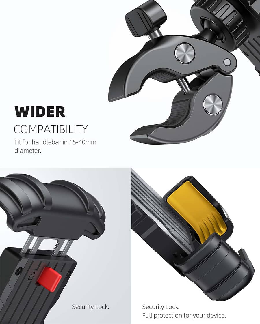 Bike Phone Holder, Handlebar Clam for Motorcycle, E-bike, Scooter, One Hand Operation Bicycle Mount for iPhone 15, 14 Pro Max, X, XS, Galaxy S24 Ultra and 4.7