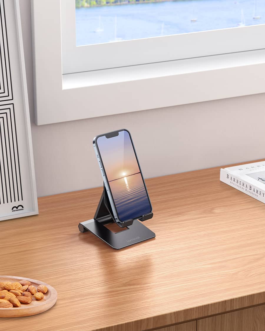 Lamicall Upgrade Super Stable Cell Phone Stand for Desk - Foldable Portable Aluminum Desktop Phone Holder Cradle Dock