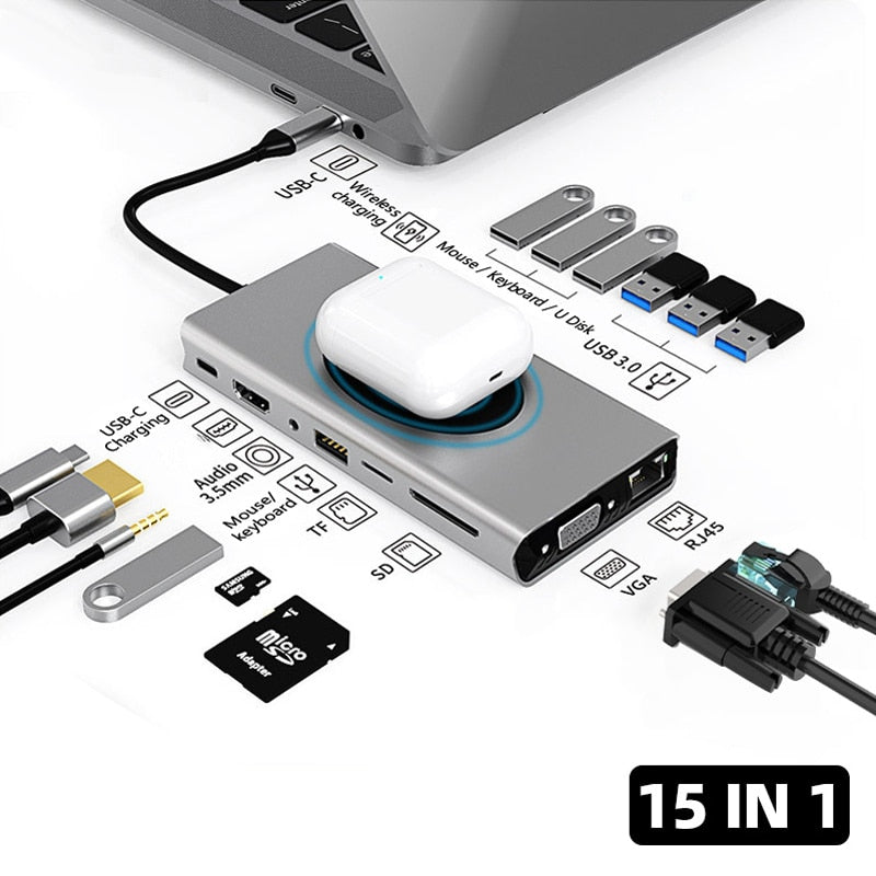 Ashiboogoole 15-in-1 Type C Hub Dock Docking Station USB HUB Type C To HDMI-compatible Wireless Charg