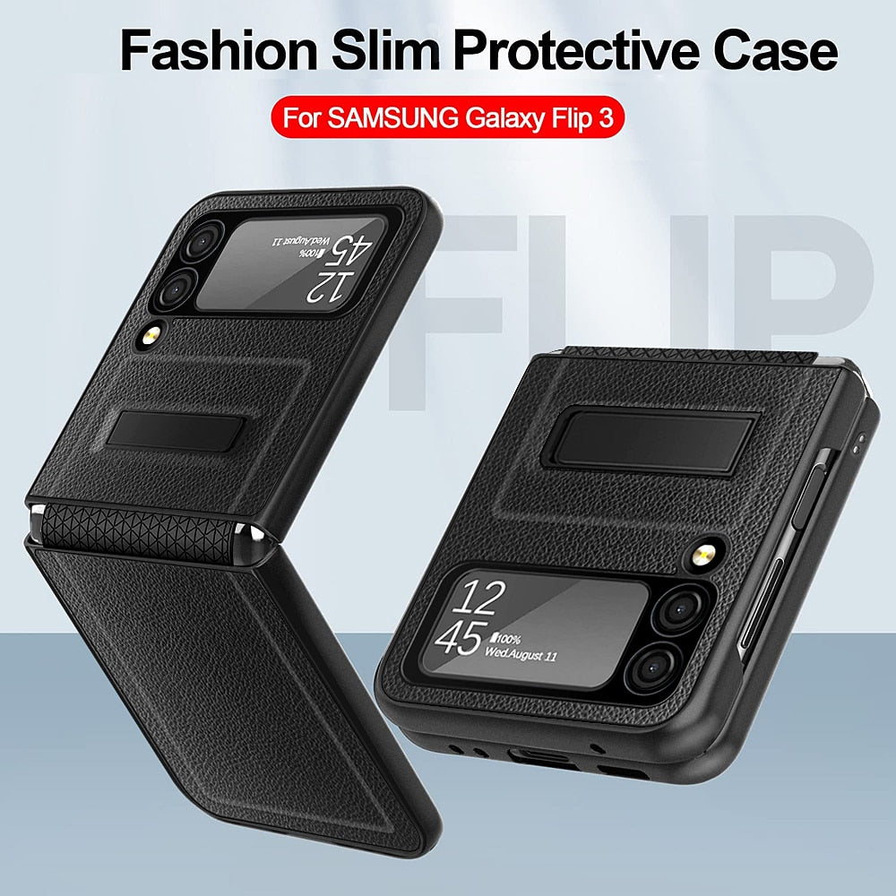 LuxLychee PU Leather Hinge Cover with Stand Holder for Samsung Galaxy Z Flip 3 ZFLIP 3 Z FLIP3 Z