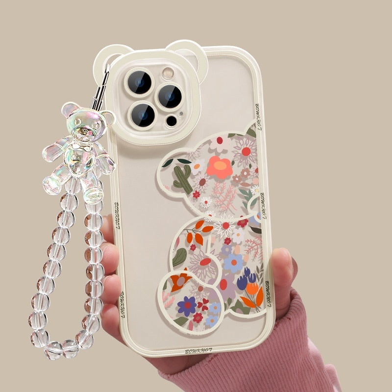 iPhone floral teddy bear case with bracelet