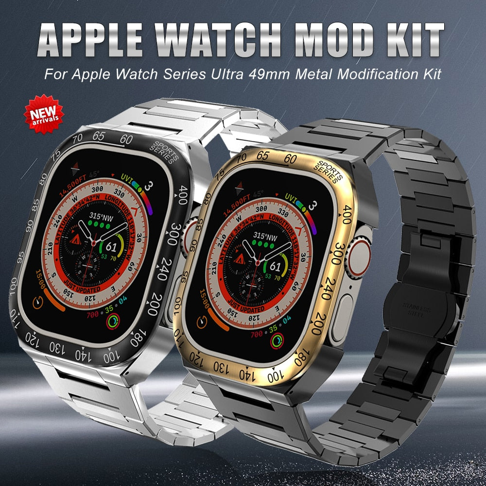 Luxury Geekthink Ultra 49MM Modification Kit for iWatch Series with Stainless Steel Case, Metal Bezel, Rubber Strap Band