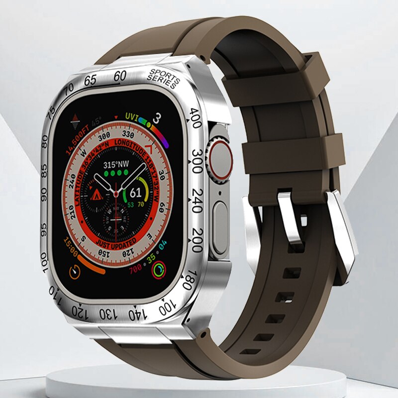 Luxury Geekthink Ultra 49MM Modification Kit for iWatch Series with Stainless Steel Case, Metal Bezel, Rubber Strap Band