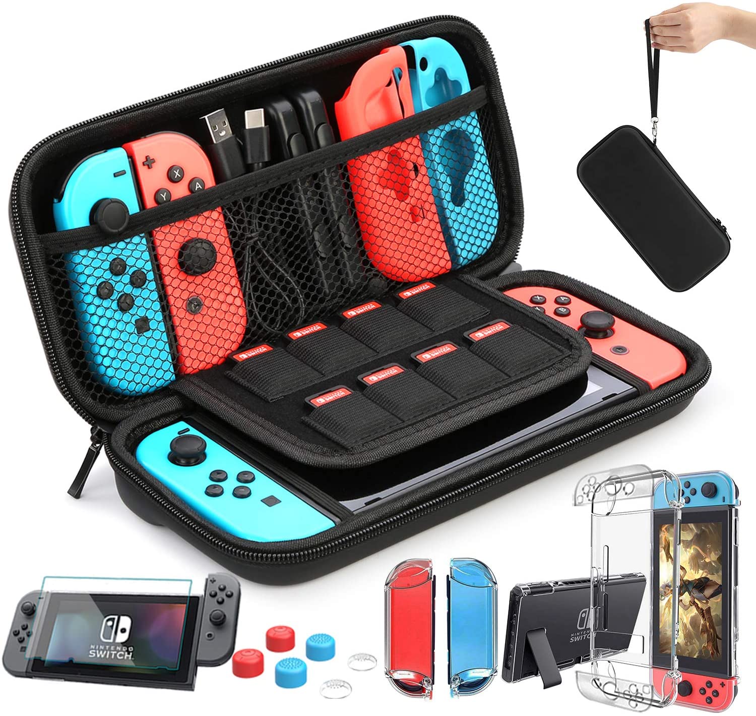 Nintendo Switch Case Carrying Bag  with  9 in 1 Nintendo Switch Accessories Kit and 6 Pcs Thumb Grip