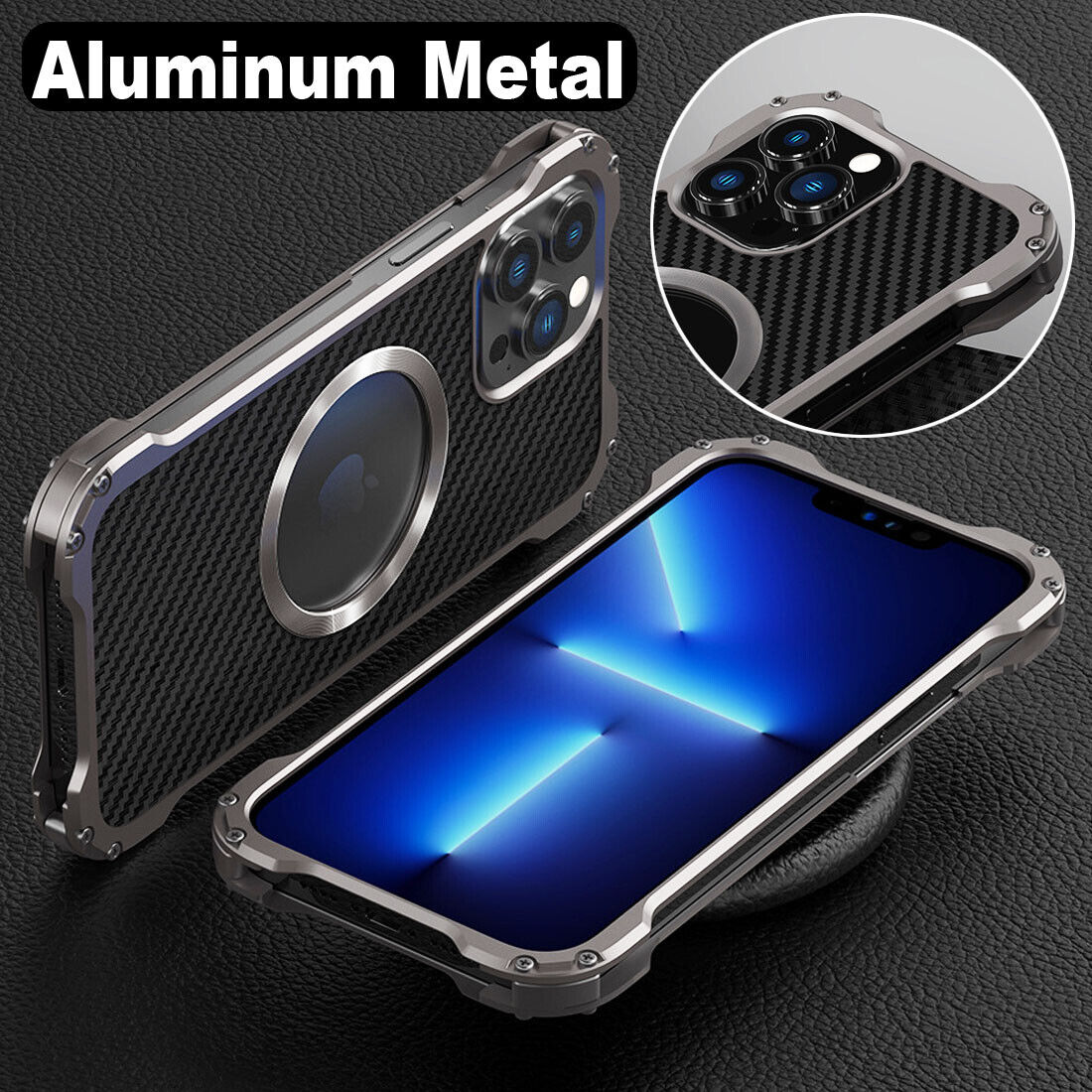 MEEAJA Aluminum Metal Mag Carbon Bumper Case for iPhone 14 13 Pro Max Back Camera Cover Slim MagSafe Safety Case.