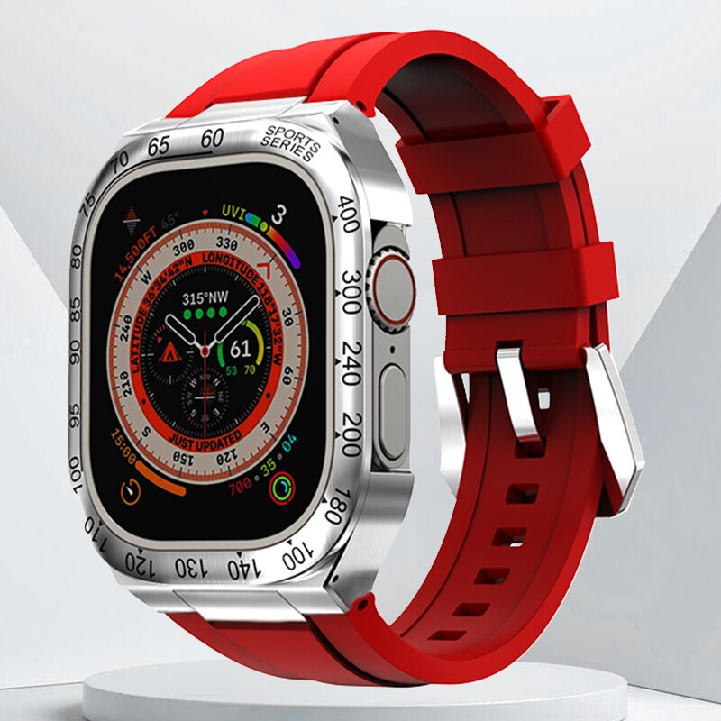 Luxury Geekthink Ultra 49MM Modification Kit for iWatch Series with Stainless Steel Case, Metal Bezel, Rubber Strap Band