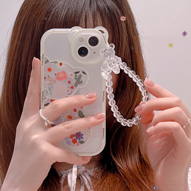 iPhone floral teddy bear case with bracelet