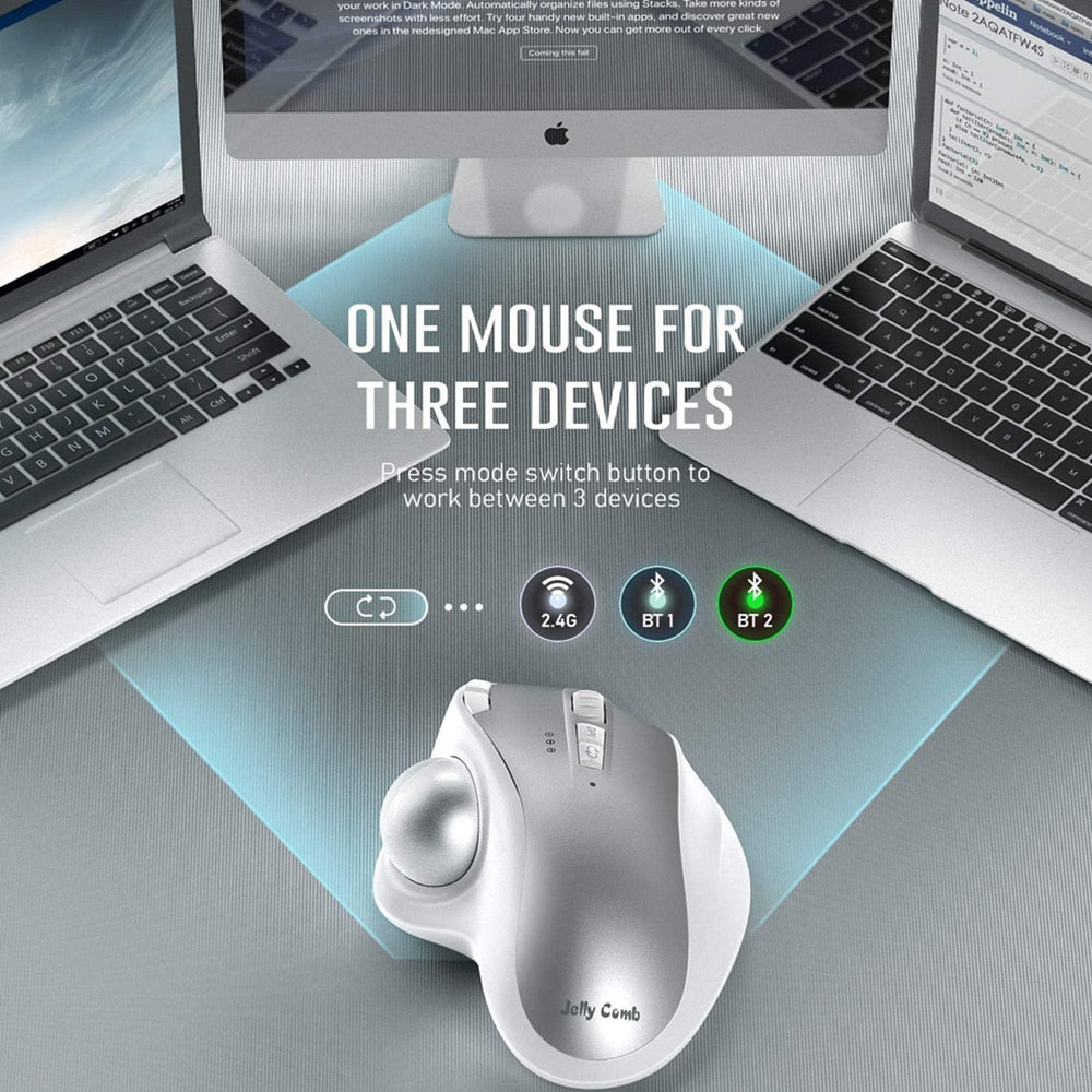 Trackball Mouse Rechargeable ErgoTech 3-in-1 Bluetooth Wireless, PC Computer Laptop Tablet 2.4
