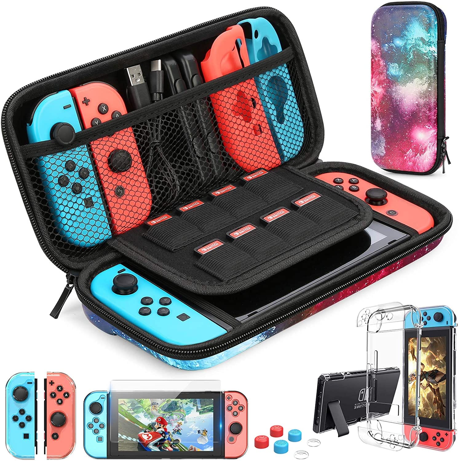Nintendo Switch Case Carrying Bag  with  9 in 1 Nintendo Switch Accessories Kit and 6 Pcs Thumb Grip