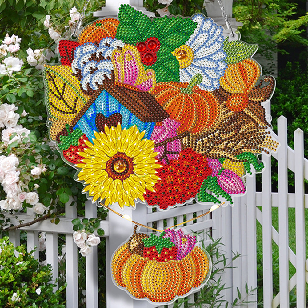 DIY Diamond Painting Art Flower Pumpkin Hanging Craft Home Decor Wreath With Lamp String Kit