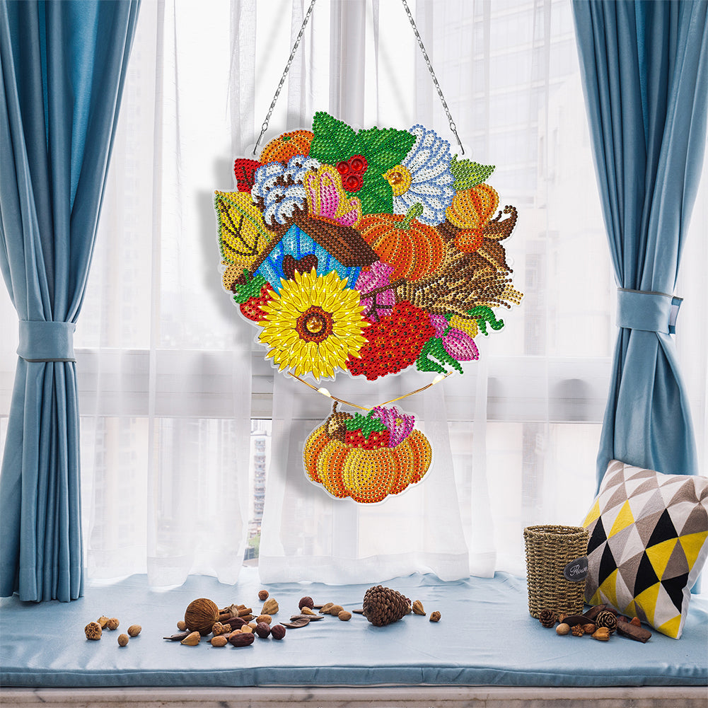 DIY Diamond Painting Art Flower Pumpkin Hanging Craft Home Decor Wreath With Lamp String Kit
