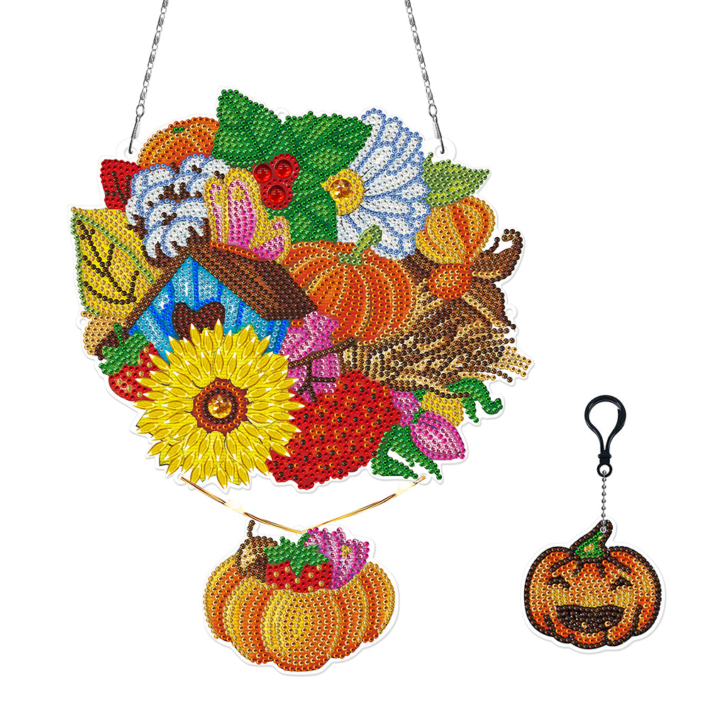 DIY Diamond Painting Art Flower Pumpkin Hanging Craft Home Decor Wreath With Lamp String Kit