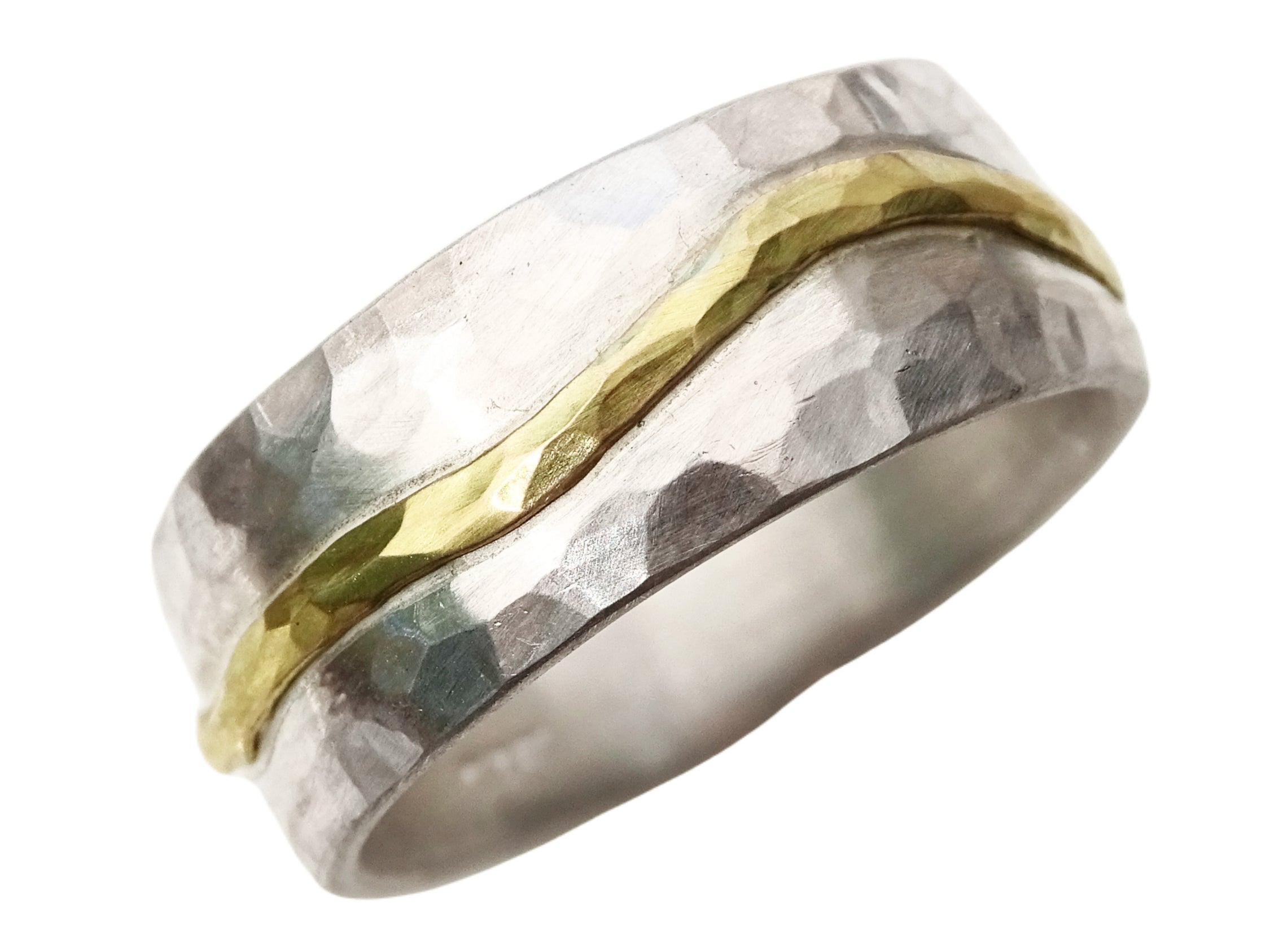 forged gold silver wedding band with an organic wave of solid gold