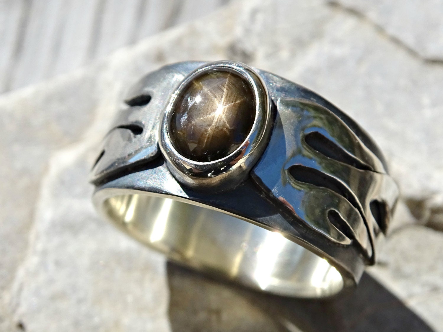 black star sapphire ring mens statement ring