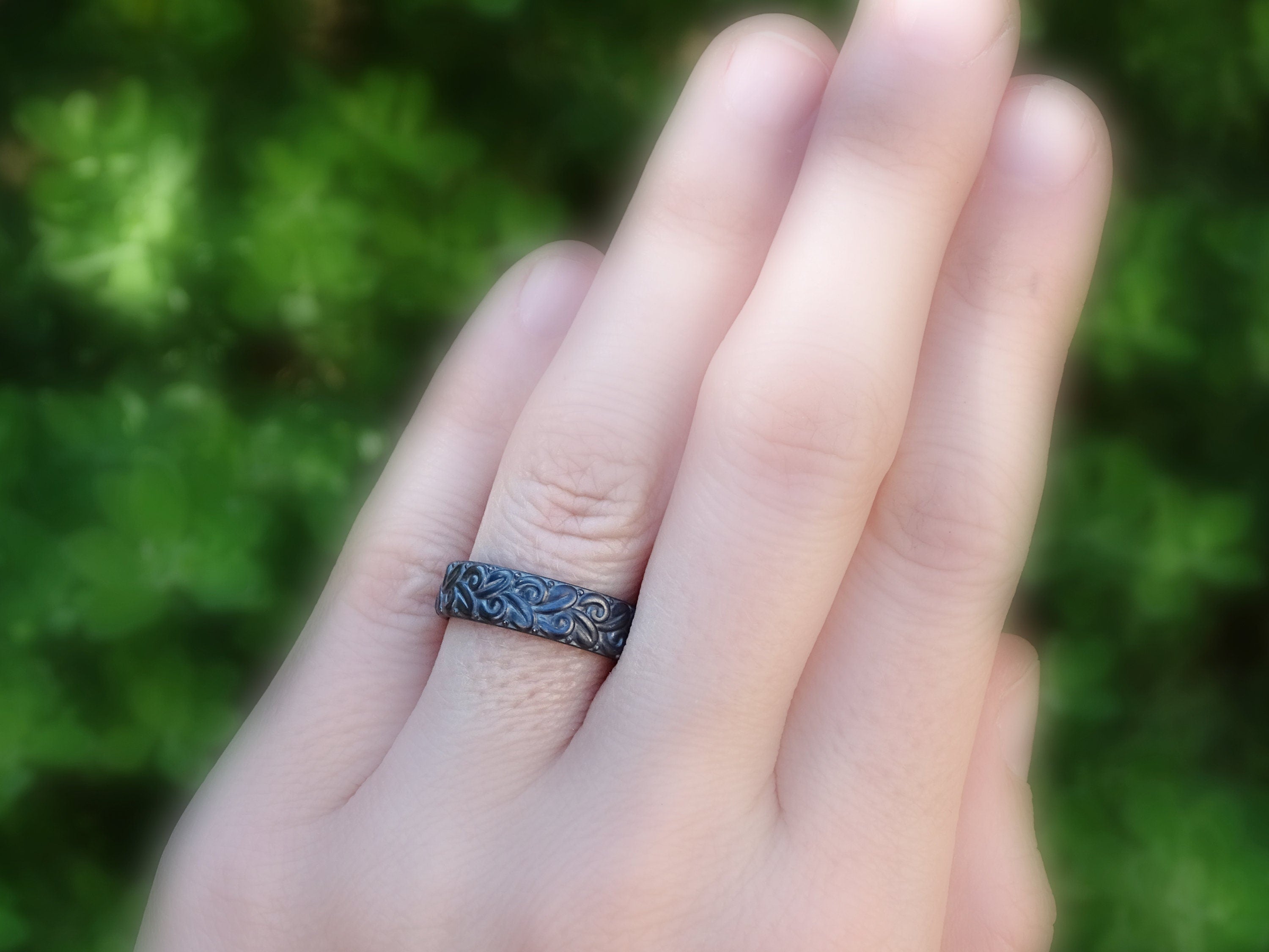 nature inspired engagement ring or wedding band, black sterling silver