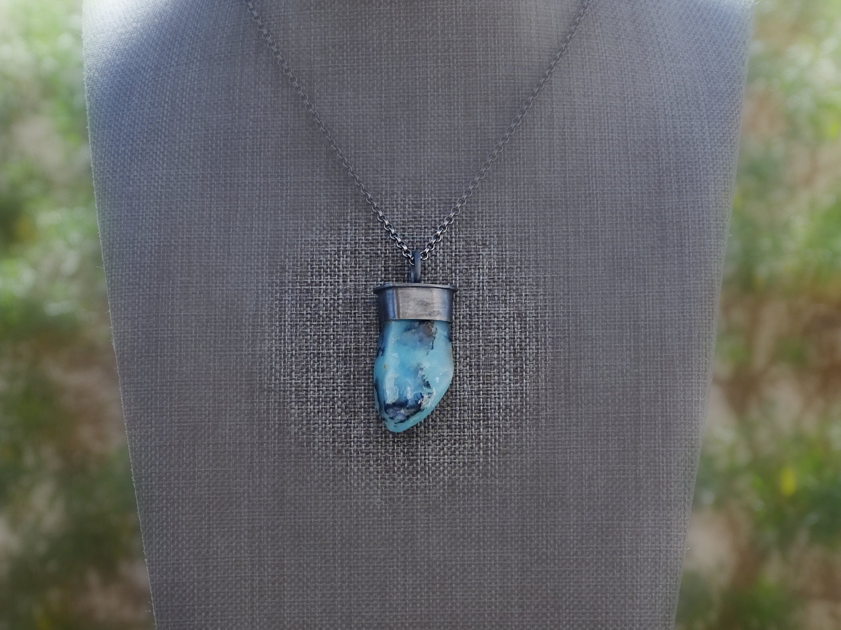 Peruvian blue opal pendant in black sterling silver