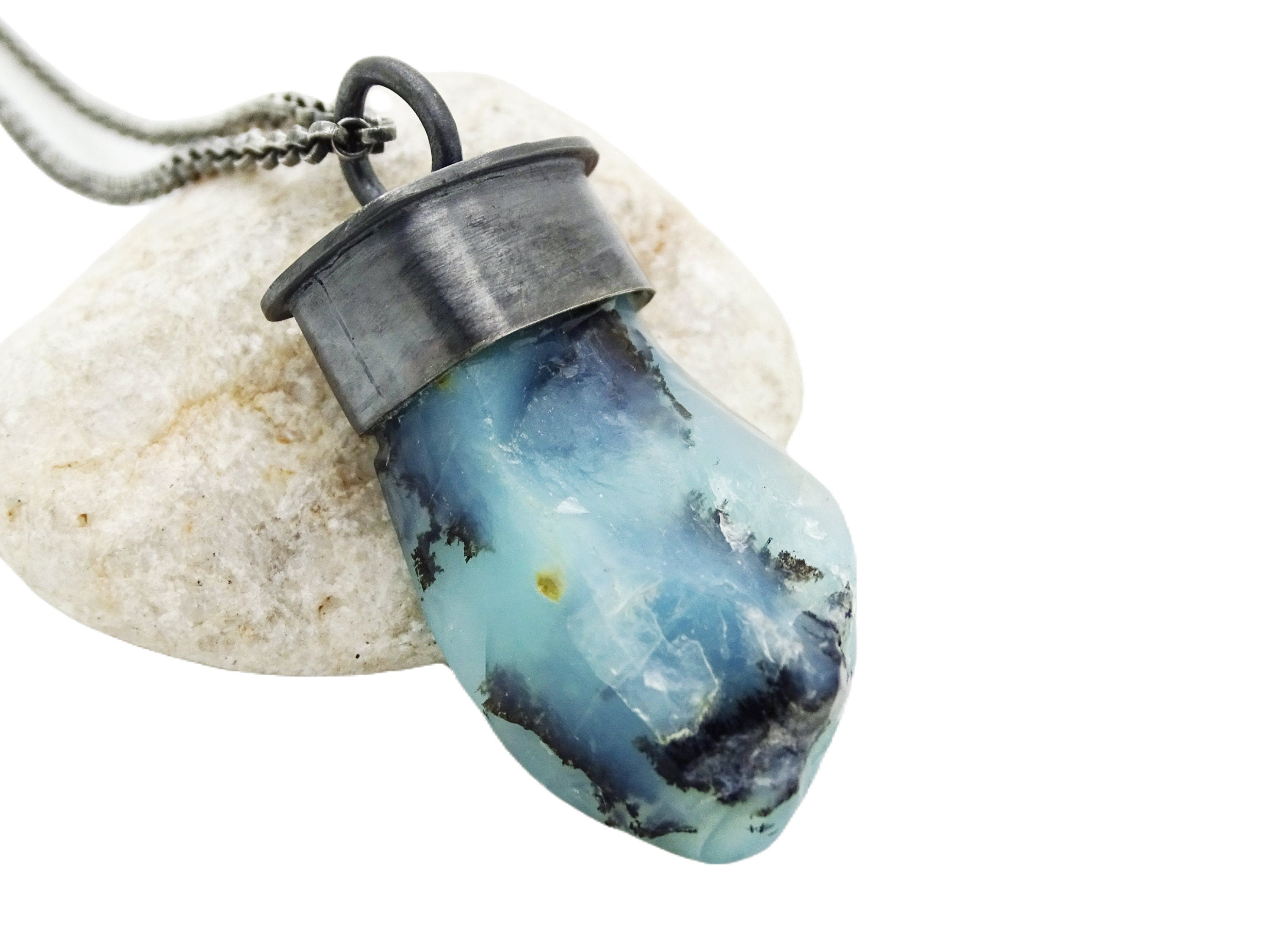 Peruvian blue opal pendant in black sterling silver