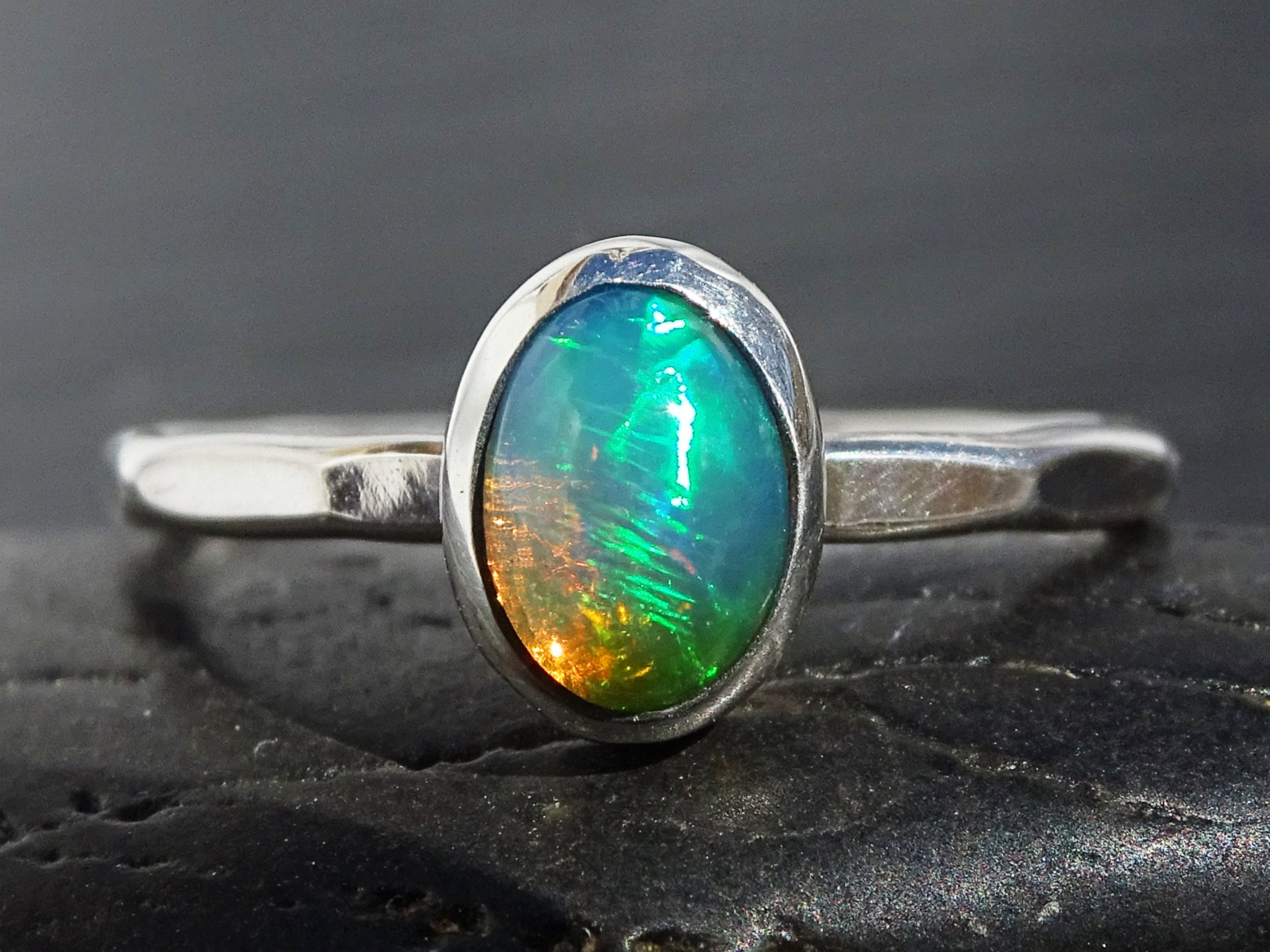 welo opal ring hammered silver band