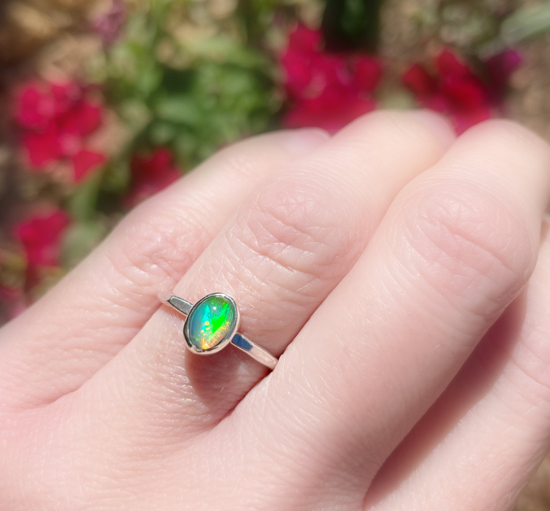 welo opal ring hammered silver band