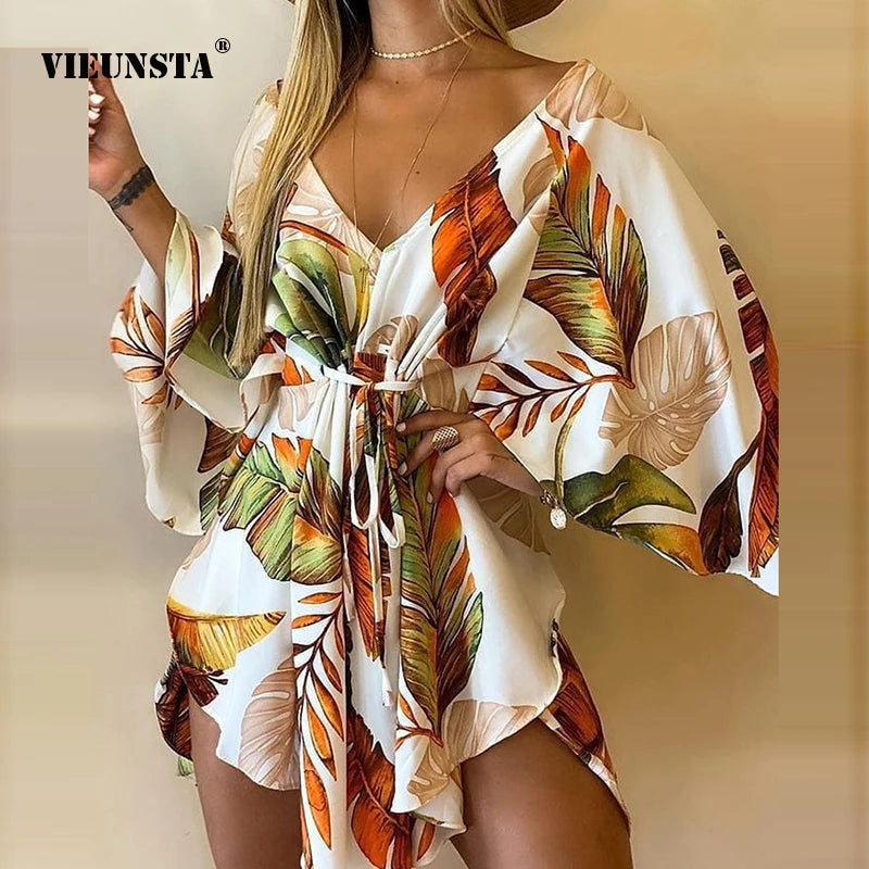 New Summer Women Elegant Dresses Sexy V Neck Lace-up Floral Printed Mini Dress Casual Flared Sleeve Irregular Ladies Party Dress