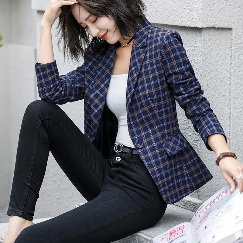 High-quality Plaid Jacket Vintage Plaid with Pocket Office Lady Casual Style Blazer Women Wear Single Button Suits Coat P342