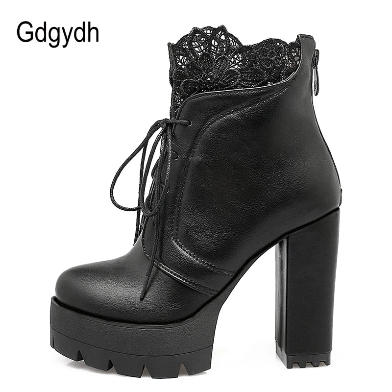 Gdgydh 2022 Autumn Women Lacing Platform Boots High Heels Female Black Platform Heels Spring Short Boots Ladies Shoes for Party