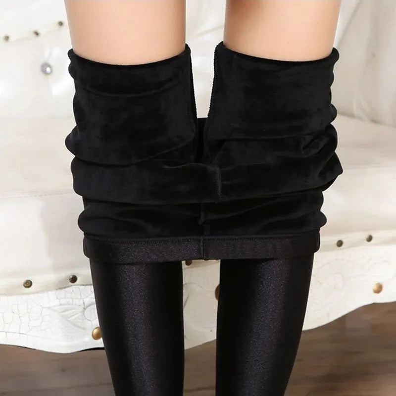 2021 winter women warm cashmere pants lady  thick pant solid black shine slim stretch capris trousers