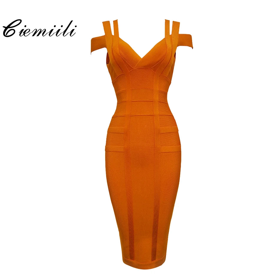 CIEMIILI 2022 Spaghetti Strap Solid Women Bandage Dresses Hollow Out Sleeveless Mid-Calf V-Neck Night Club Party Fashion Dresses