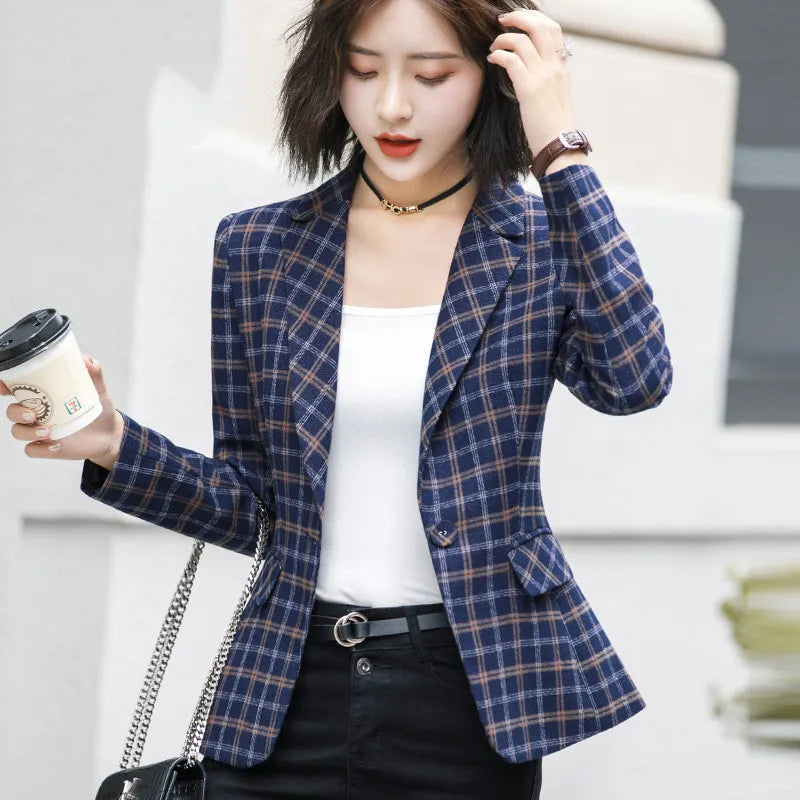 High-quality Plaid Jacket Vintage Plaid with Pocket Office Lady Casual Style Blazer Women Wear Single Button Suits Coat P342