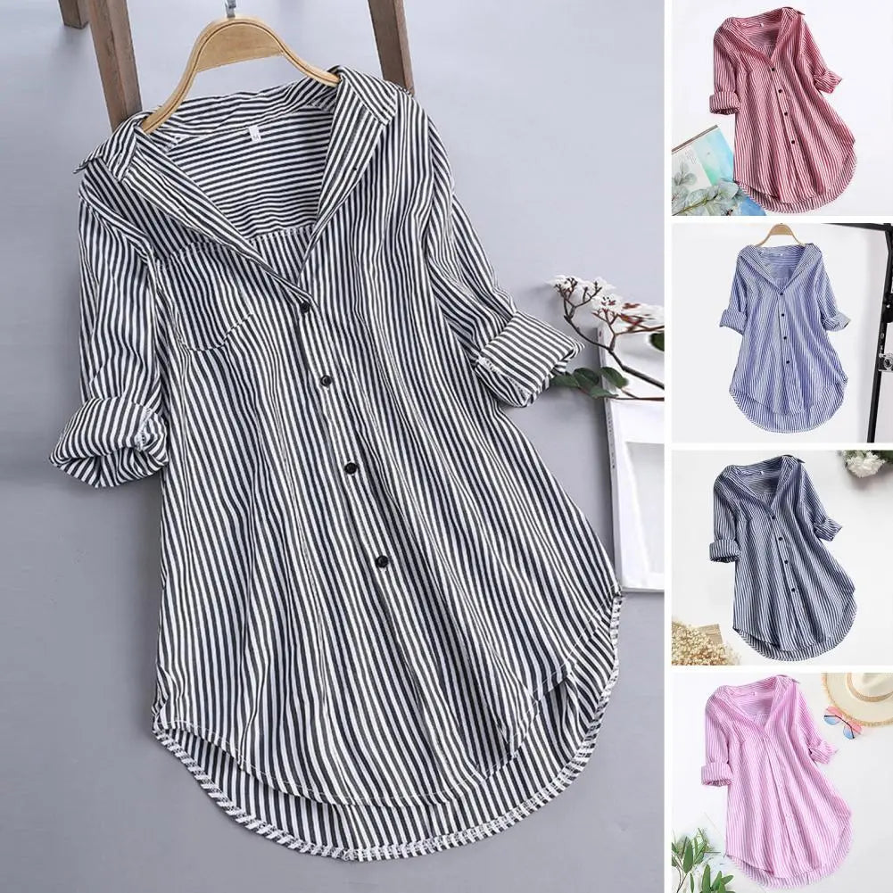 M-4XL Women Tunic Shirt Striped Long-sleeves V Neck Mid Long Turn-down Collar Loose Fit Casual Summer Elegant Ladies Blouse Top