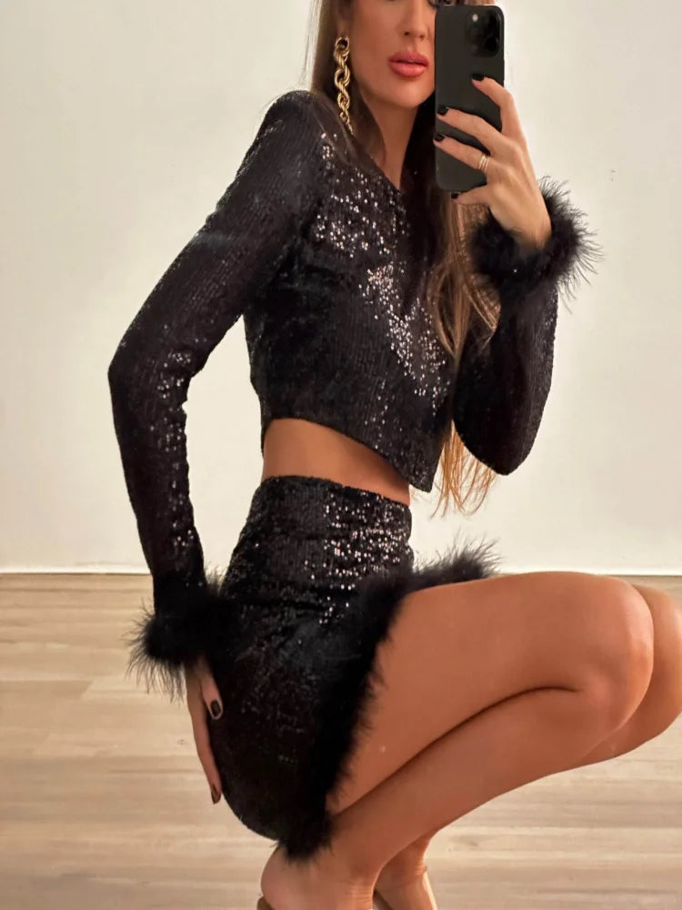 Fur Sequin party Crop Top Suit Women Fashion Sexy O Neck Long Sleeve High Waist Party 2 Piece Set 2023 Hip Package Skirt Sets