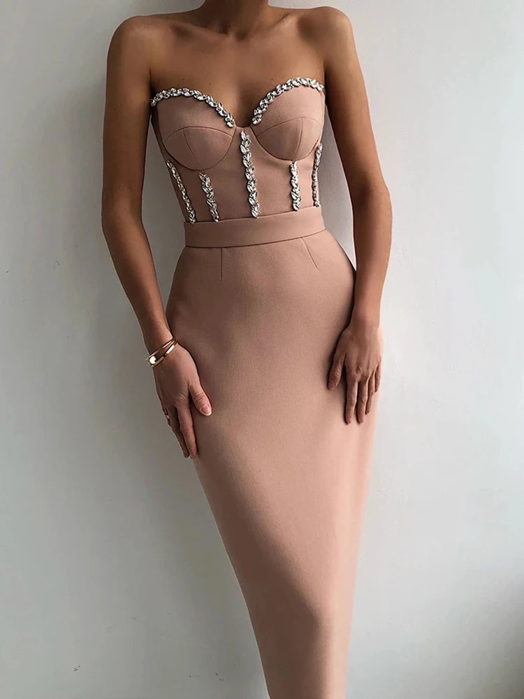 Ailigou 2022 New Women'S Fashion Bead Chain Crystal Design Long Dress Sexy Sleeveless Backless Celebrity Party Bandage Dress